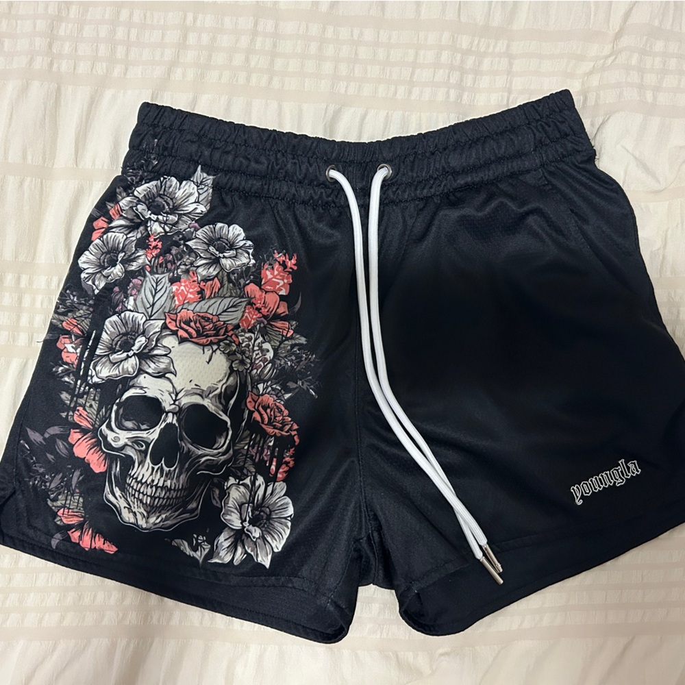 YoungLA Black Athletic Shorts with Skull and Floral Design